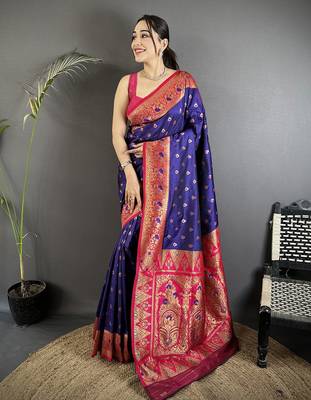 royal blue soft silk blend intricate motifs zari weaving banarasi saree with contrast weaving border 1