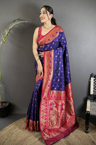 royal blue soft silk blend intricate motifs zari weaving banarasi saree with contrast weaving border