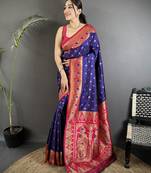 royal blue soft silk blend intricate motifs zari weaving banarasi saree with contrast weaving border