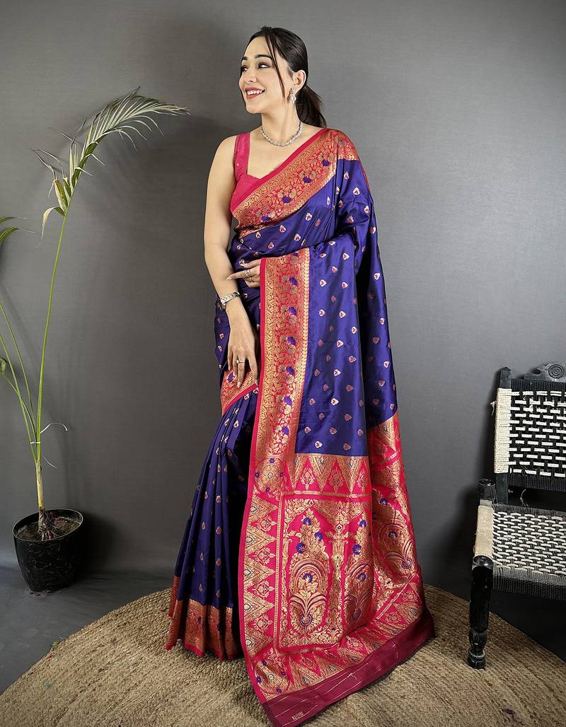 royal blue soft silk blend intricate motifs zari weaving banarasi saree with contrast weaving border