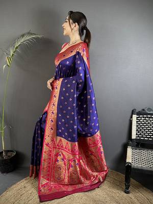 royal blue soft silk blend intricate motifs zari weaving banarasi saree with contrast weaving border 2
