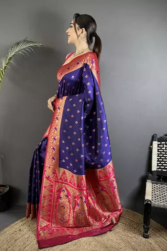 royal blue soft silk blend intricate motifs zari weaving banarasi saree with contrast weaving border