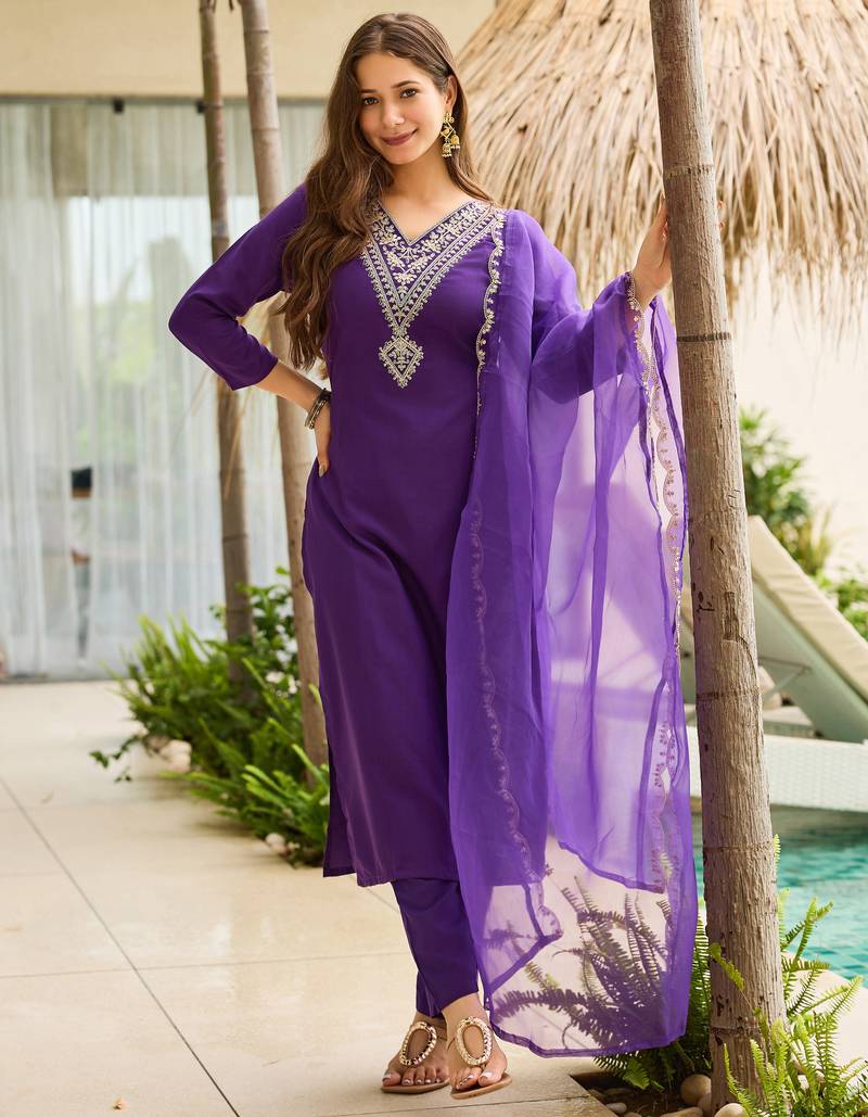 Embroidered rayon readymade salwar kameez in violet