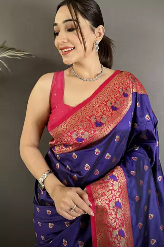 royal blue soft silk blend intricate motifs zari weaving banarasi saree with contrast weaving border