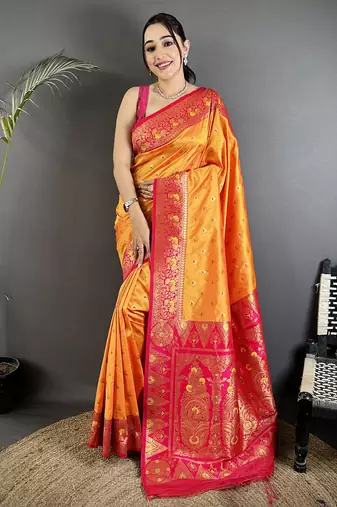 orange soft silk blend intricate motifs zari weaving banarasi saree with contrast weaving border