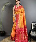 orange soft silk blend intricate motifs zari weaving banarasi saree with contrast weaving border