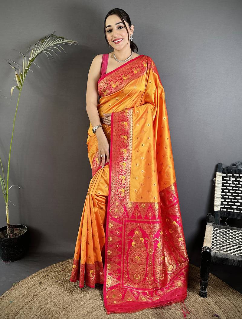 orange soft silk blend intricate motifs zari weaving banarasi saree with contrast weaving border