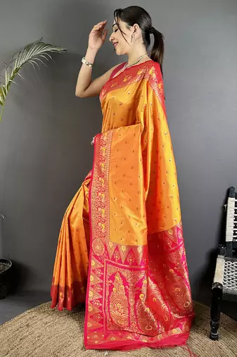 orange soft silk blend intricate motifs zari weaving banarasi saree with contrast weaving border
