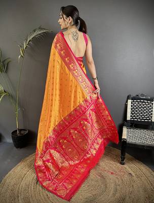 orange soft silk blend intricate motifs zari weaving banarasi saree with contrast weaving border 3
