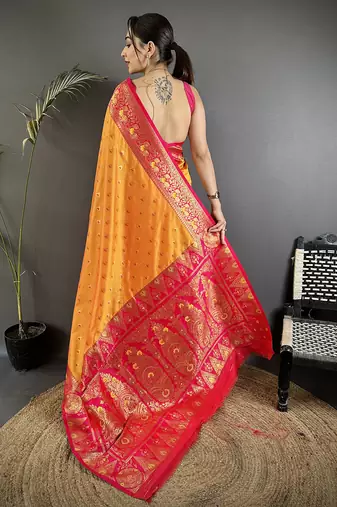 orange soft silk blend intricate motifs zari weaving banarasi saree with contrast weaving border