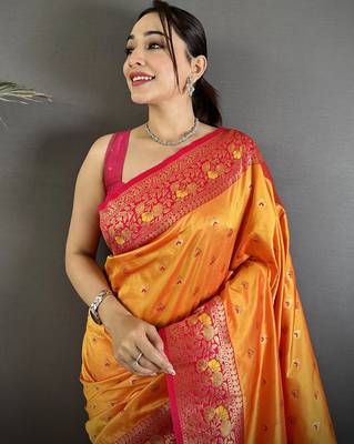 orange soft silk blend intricate motifs zari weaving banarasi saree with contrast weaving border 4