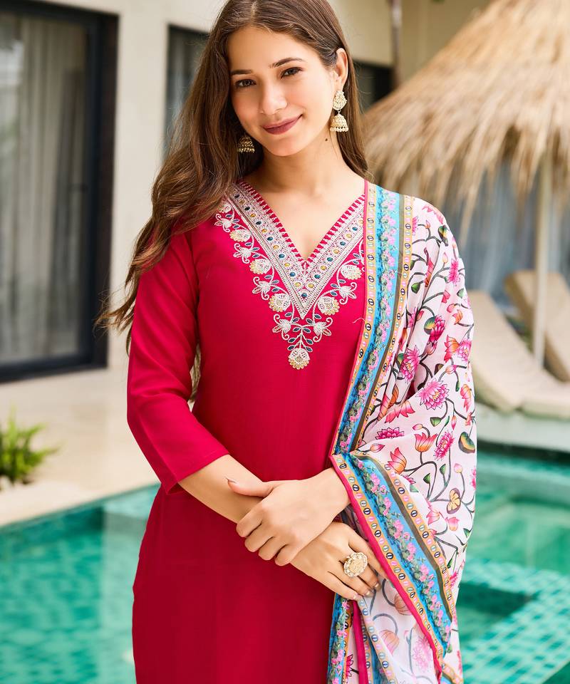 Rayon embroidered rani pink trendy salwar kameez