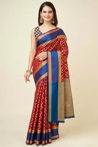 red lichi silk blend woven design jacquard weaving kanchipuram saree