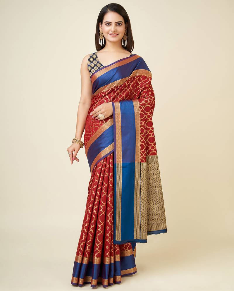 red lichi silk blend woven design jacquard weaving kanchipuram saree