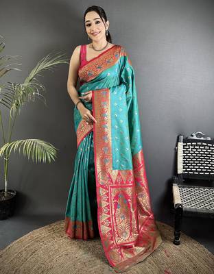 teal blue soft silk blend intricate motifs zari weaving banarasi saree with contrast weaving border 1