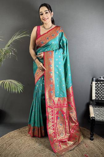 teal blue soft silk blend intricate motifs zari weaving banarasi saree with contrast weaving border