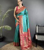teal blue soft silk blend intricate motifs zari weaving banarasi saree with contrast weaving border