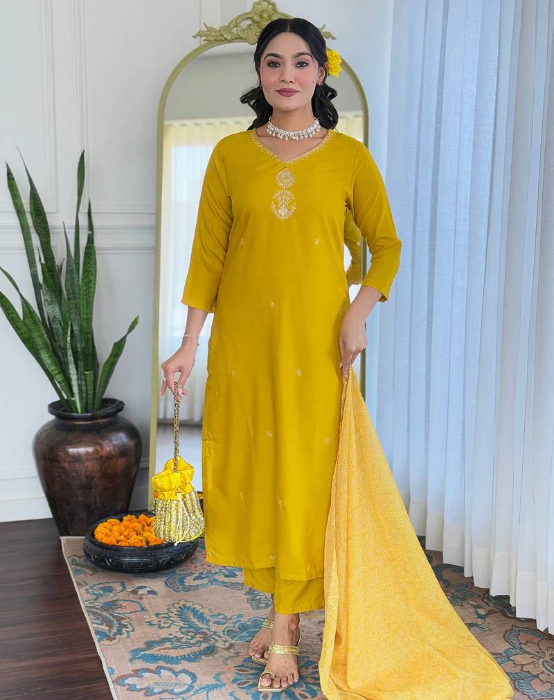 Rayon embroidered mustard trendy salwar kameez