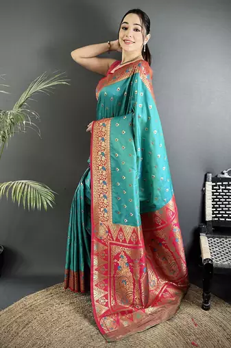 teal blue soft silk blend intricate motifs zari weaving banarasi saree with contrast weaving border