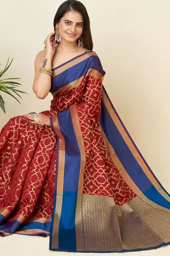 red lichi silk blend woven design jacquard weaving kanchipuram saree