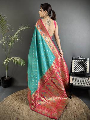 teal blue soft silk blend intricate motifs zari weaving banarasi saree with contrast weaving border 3