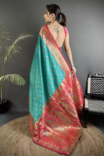 teal blue soft silk blend intricate motifs zari weaving banarasi saree with contrast weaving border