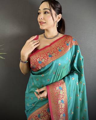 teal blue soft silk blend intricate motifs zari weaving banarasi saree with contrast weaving border 4