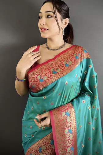 teal blue soft silk blend intricate motifs zari weaving banarasi saree with contrast weaving border