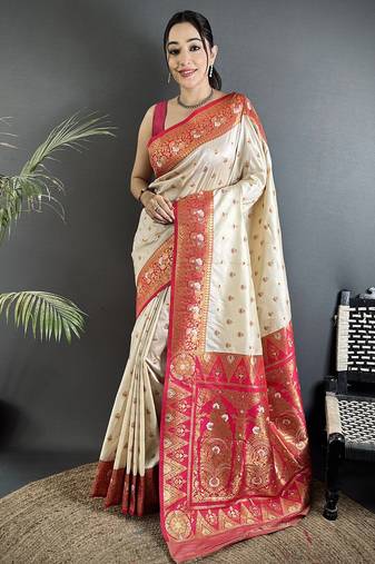 off white soft silk blend intricate motifs zari weaving banarasi saree with contrast weaving border