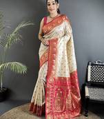 off white soft silk blend intricate motifs zari weaving banarasi saree with contrast weaving border