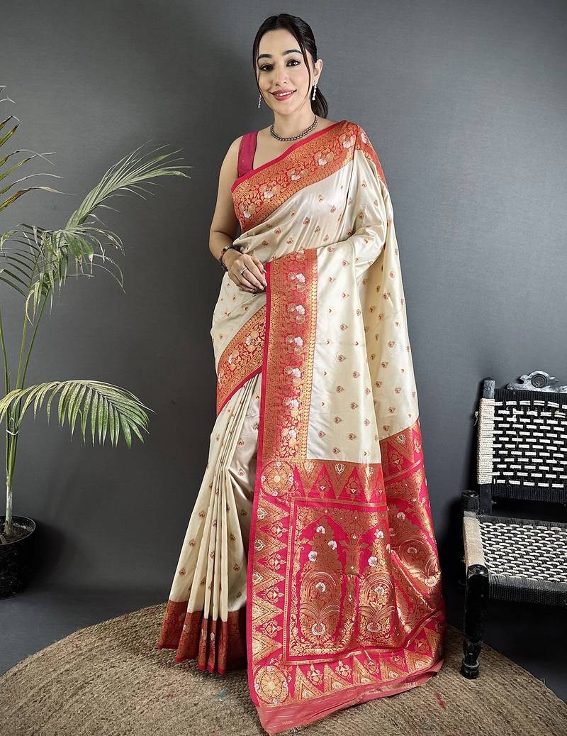 off white soft silk blend intricate motifs zari weaving banarasi saree with contrast weaving border