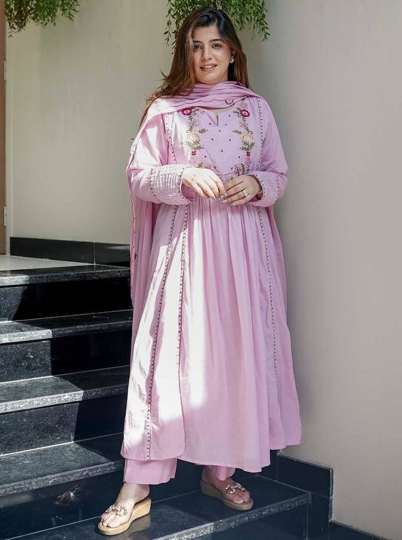 Chanderi silk pink embrodiered falred kurta with chanderi silk pant and organza dupatat set