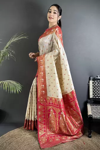 off white soft silk blend intricate motifs zari weaving banarasi saree with contrast weaving border