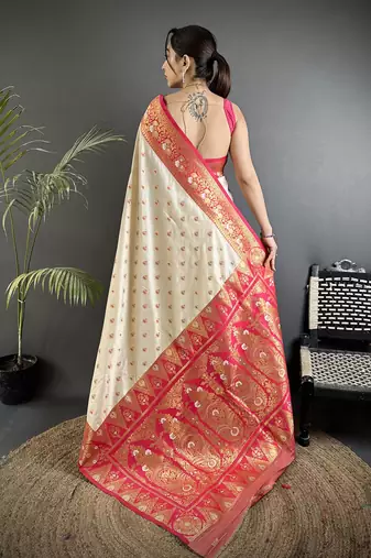 off white soft silk blend intricate motifs zari weaving banarasi saree with contrast weaving border