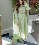Chanderi silk pista green embrodiered falred kurta with chanderi silk pant and organza dupatat set