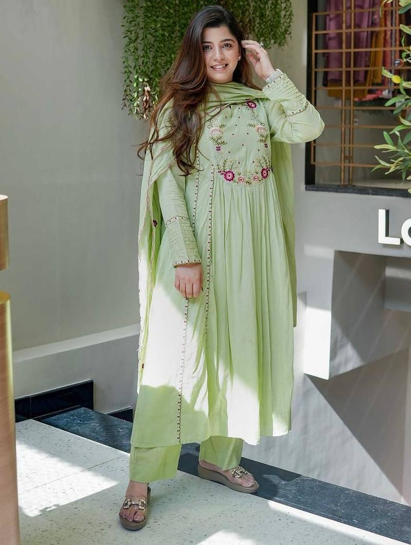Chanderi silk pista green embrodiered falred kurta with chanderi silk pant and organza dupatat set