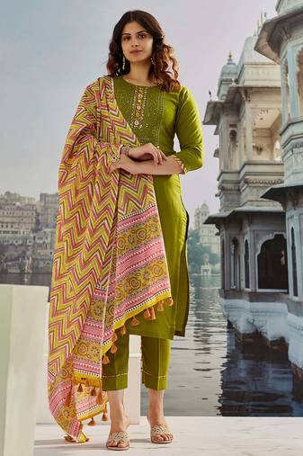 Muslin cotton mehendi green embroidered trendy salwar suit