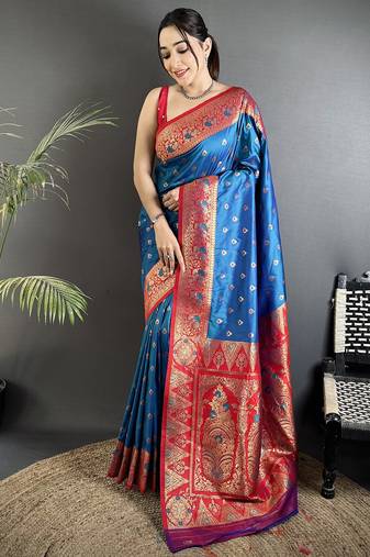 blue soft silk blend intricate motifs zari weaving banarasi saree with contrast weaving border