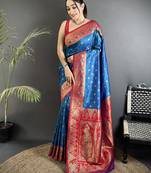 blue soft silk blend intricate motifs zari weaving banarasi saree with contrast weaving border