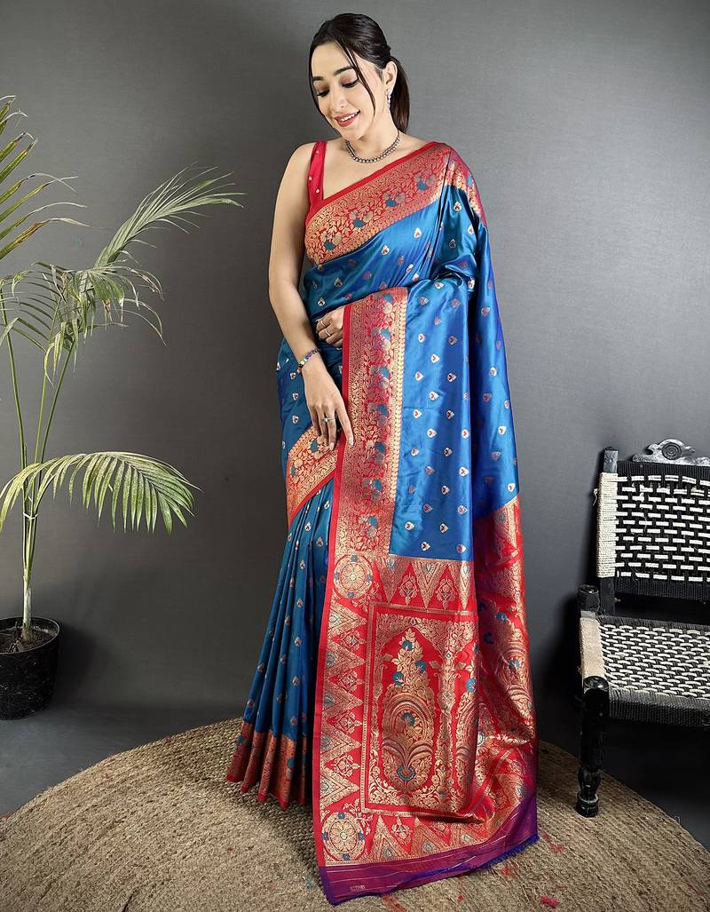 blue soft silk blend intricate motifs zari weaving banarasi saree with contrast weaving border