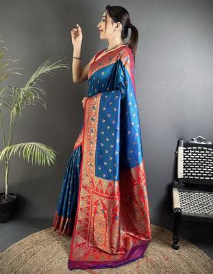blue soft silk blend intricate motifs zari weaving banarasi saree with contrast weaving border 2