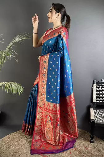 blue soft silk blend intricate motifs zari weaving banarasi saree with contrast weaving border