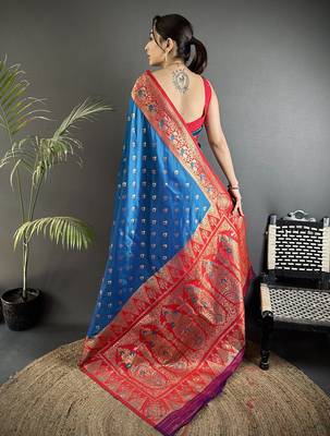 blue soft silk blend intricate motifs zari weaving banarasi saree with contrast weaving border 3
