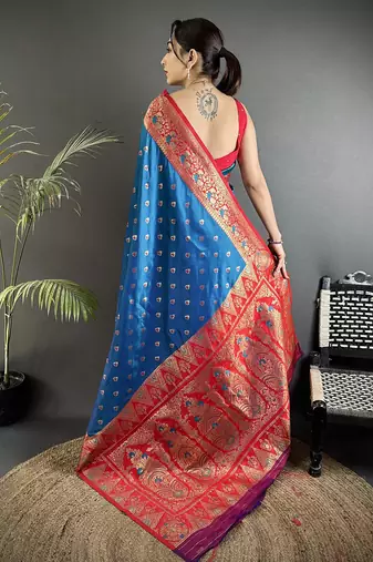 blue soft silk blend intricate motifs zari weaving banarasi saree with contrast weaving border