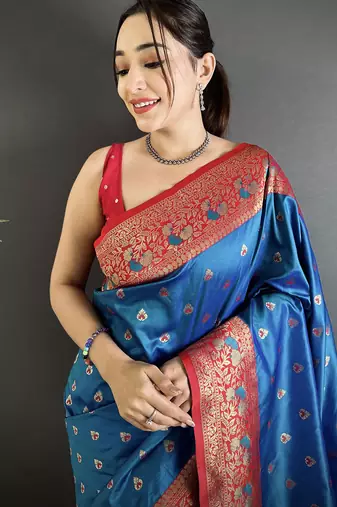 blue soft silk blend intricate motifs zari weaving banarasi saree with contrast weaving border