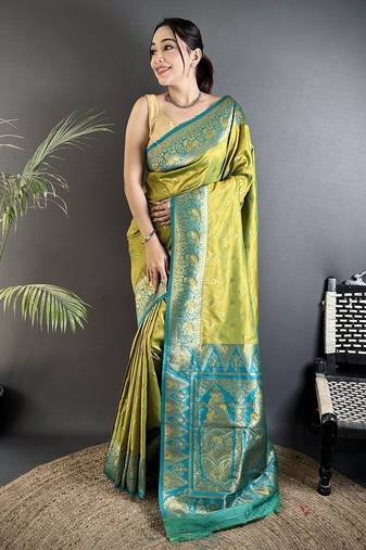 pista green soft silk blend intricate motifs zari weaving banarasi saree with contrast weaving border