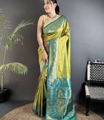pista green soft silk blend intricate motifs zari weaving banarasi saree with contrast weaving border