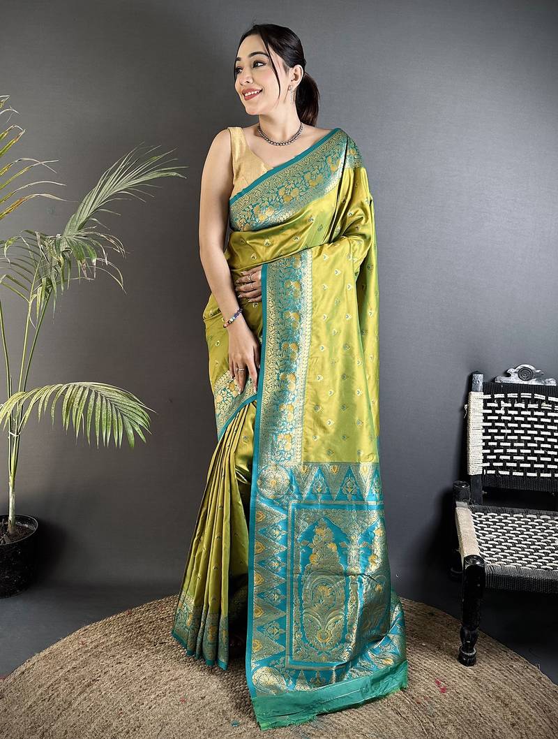 pista green soft silk blend intricate motifs zari weaving banarasi saree with contrast weaving border