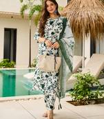 White & green silk blend floral printed kurta pant set with dupatta for festive wear