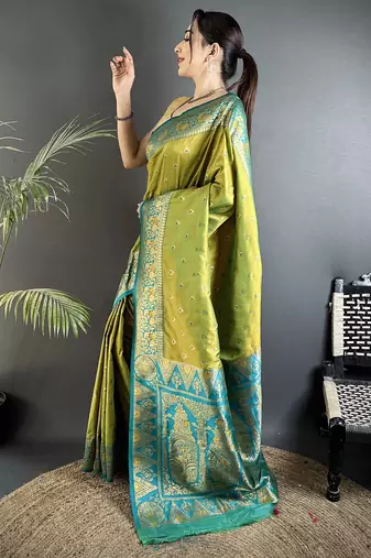 pista green soft silk blend intricate motifs zari weaving banarasi saree with contrast weaving border